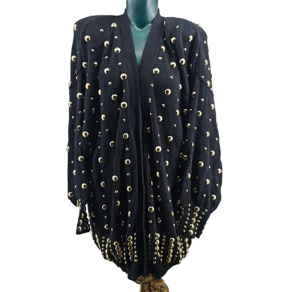 Vintage 80s Dome Studded Black & Gold Cardigan Bonnie Boerer Plus 3X 3621 - Picture 1 of 6